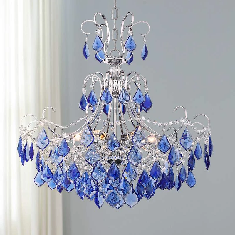 Alpine 26" Wide Chrome And Blue Crystal Chandelier 1 Alpine 26" Wide Chrome And Blue Crystal Chandelier