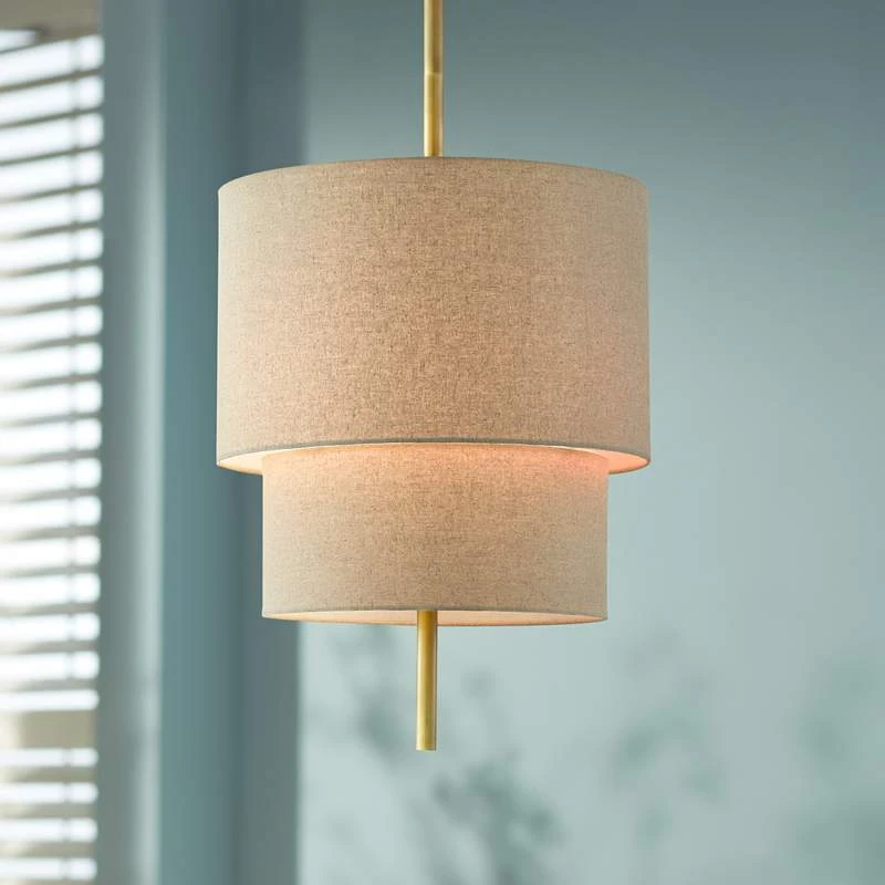 Combermere 19" Wide Antique Brass And Linen Pendant Light 1 Combermere 19" Wide Antique Brass And Linen Pendant Light