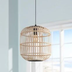 Eglo Bordesley 13 3/4" Wide Black And Natural Wood Pendant Light