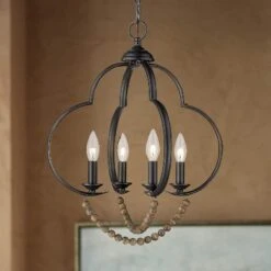 Golden Lighting Flori 17" Wide Matte Black Wood Beads 4-Light Pendant