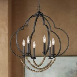 Golden Lighting Flori 24 1/4" Wide Matte Black Wood Beads 6-Light Pendant