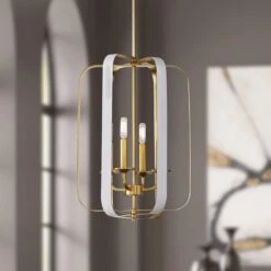 Minka Aureum 14" Gold And White Open Cage 4-Light Modern Pendant Light