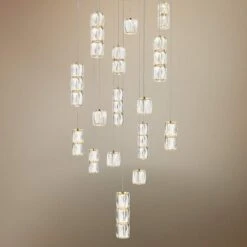 Polaris 28" Wide Gold And Crystal LED Multi Light Pendant