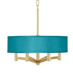 Teal Blue Faux Silk Ava 6-Light Gold Pendant Chandelier